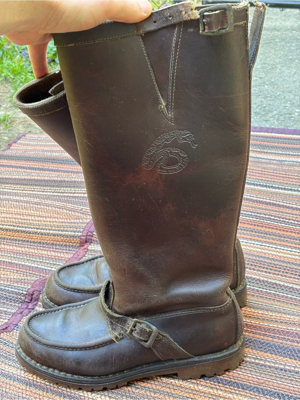 Knee high Leather Men's snake proof hunting Boot with Embossed Snake Detail